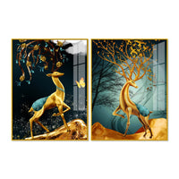 Abstract Luxury Golden Deer Acrylic Art Floating Wall Painting Set Of 2