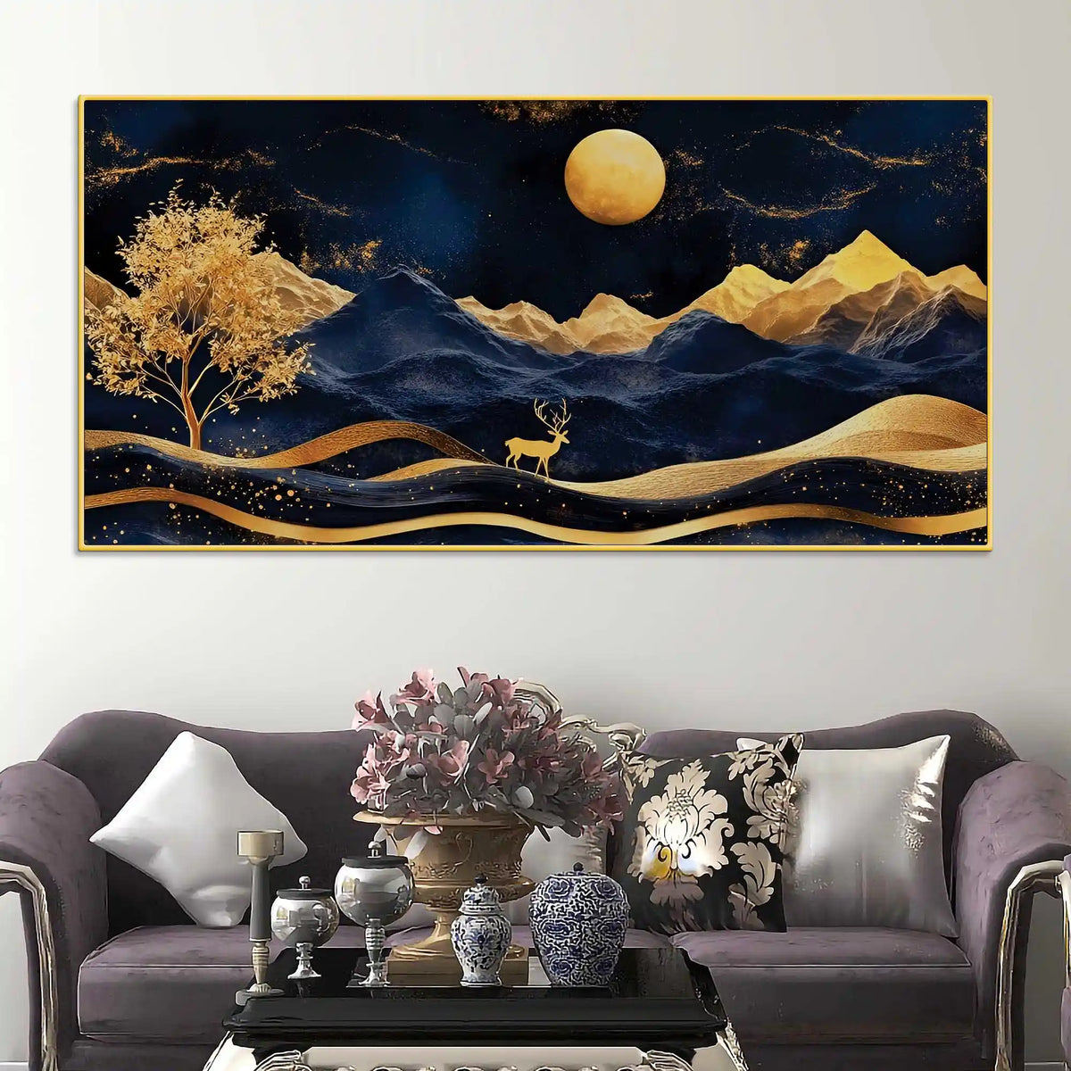 Abstract Night Mountain Deer Canvas Painting