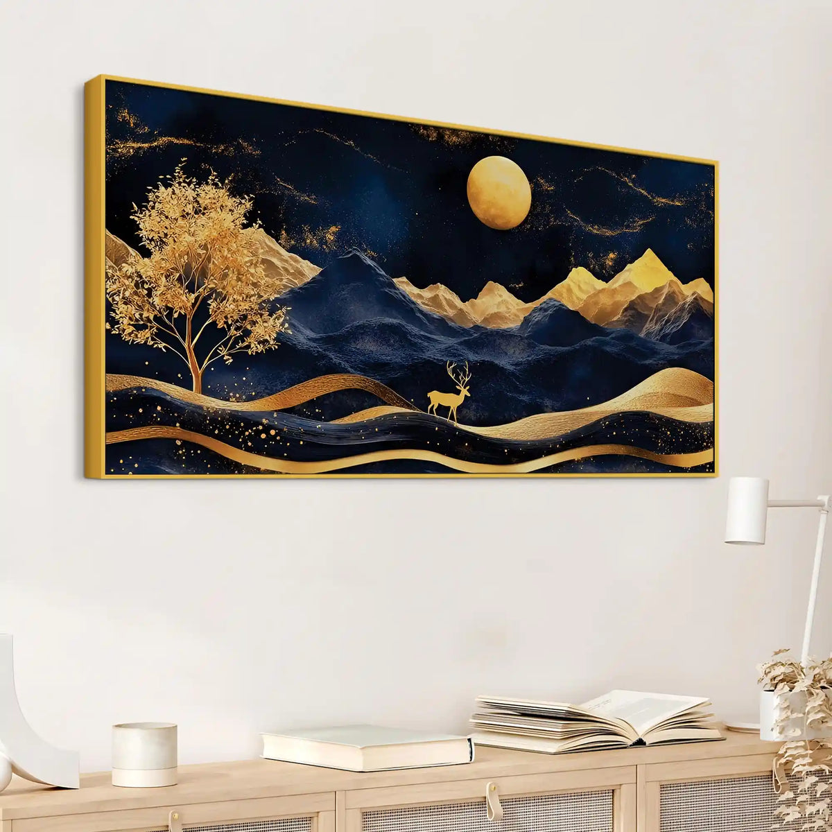 Abstract Night Mountain Deer Canvas Painting