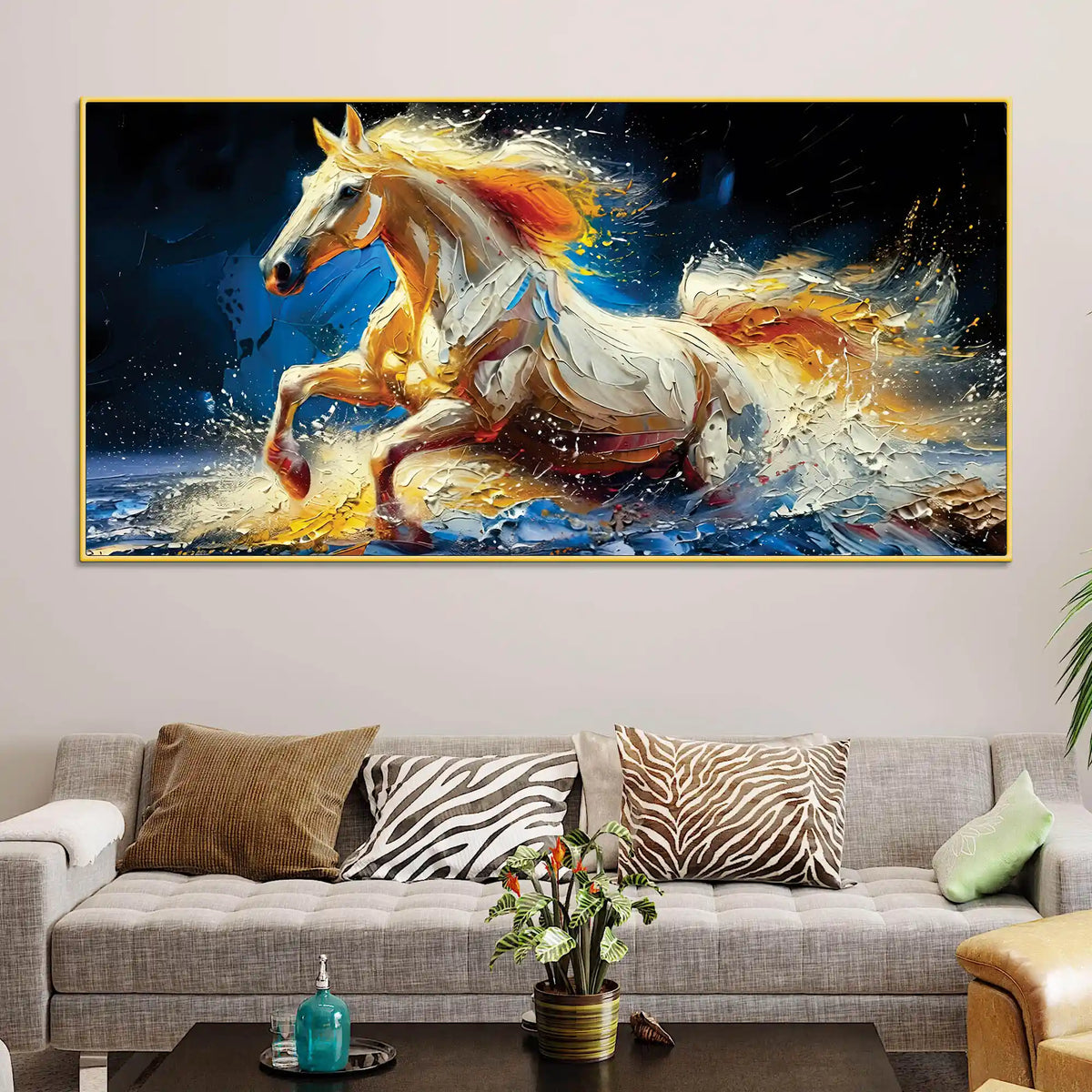 Abstract Running White Horse Canvas Wall Painting