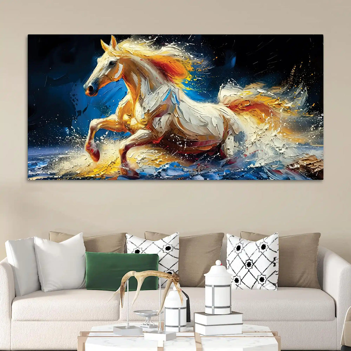 Abstract Running White Horse Canvas Wall Painting