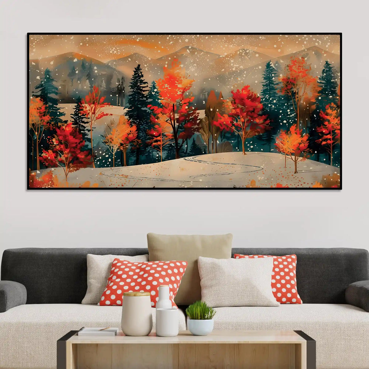 Abstract Snowy Scenic Fall Forest Canvas Painting for Home Decoration