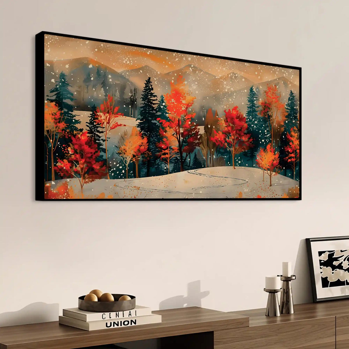 Abstract Snowy Scenic Fall Forest Canvas Painting for Home Decoration
