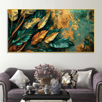 Abstract Teal & Gold Leaves Canvas Wall Painting