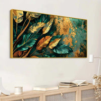 Abstract Teal & Gold Leaves Canvas Wall Painting