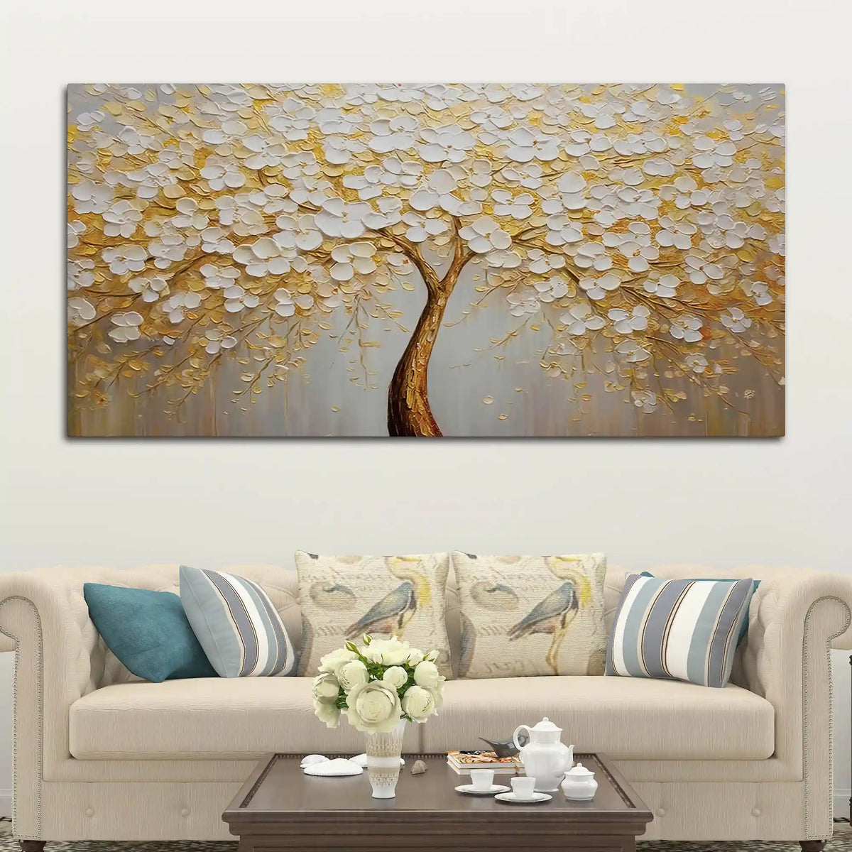 Abstract White Blossom Tree Wall Art Canvas Painting for Home Decor