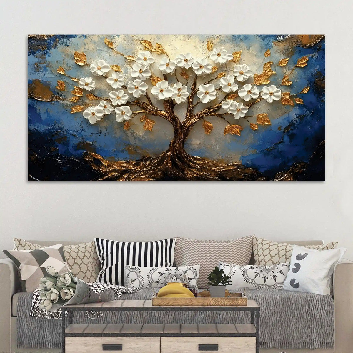 Abstract White Flower Tree Canvas Wall Art Painting for Home Decor
