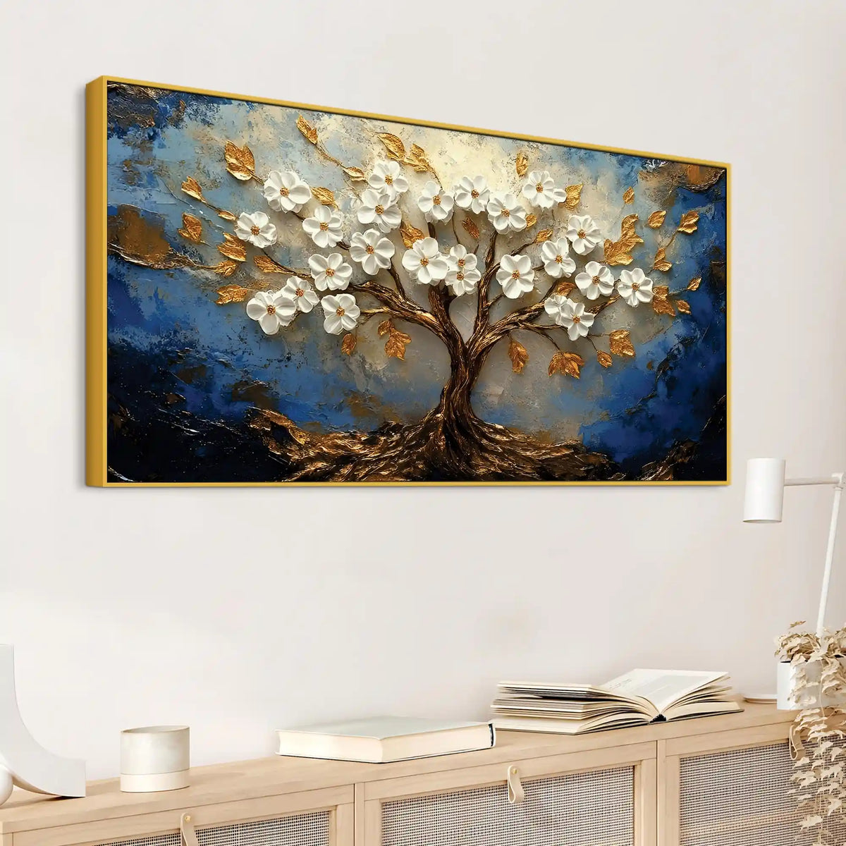Abstract White Flower Tree Canvas Wall Art Painting for Home Decor