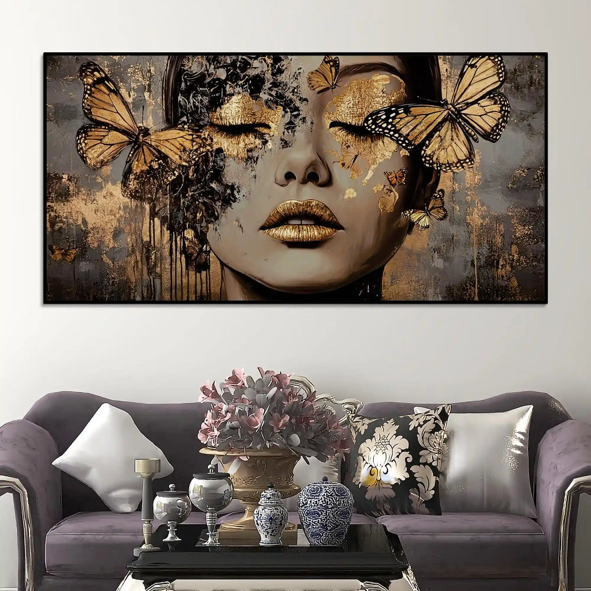 Abstract Woman Face Canvas Wall Painting with Butterflies Luxury Wall Art Home Decor