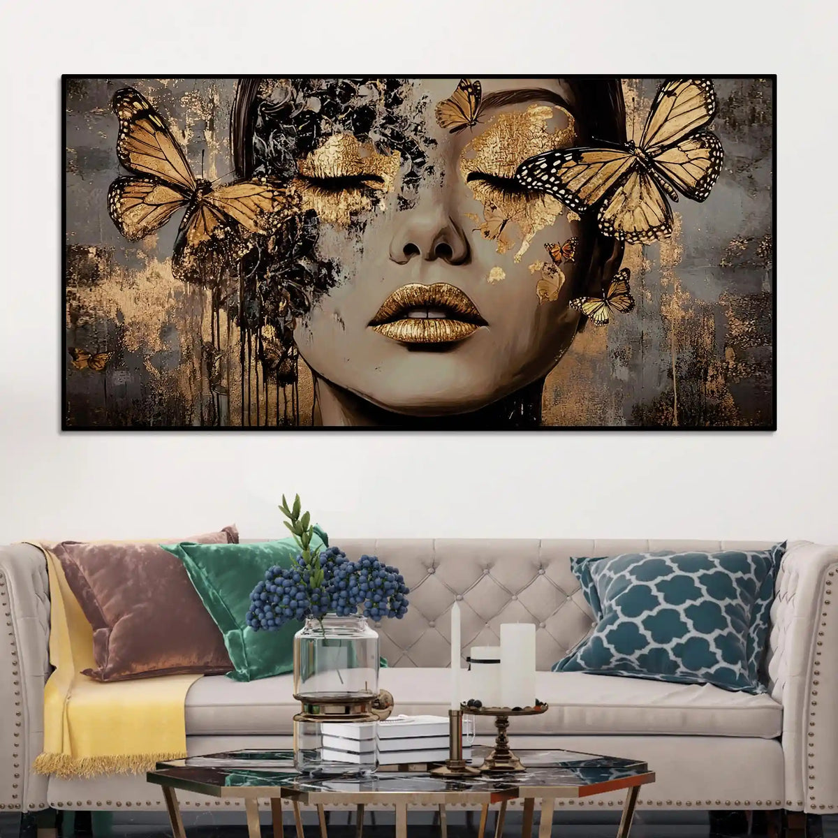 Abstract Woman Face Canvas Wall Painting with Butterflies Luxury Wall Art Home Decor