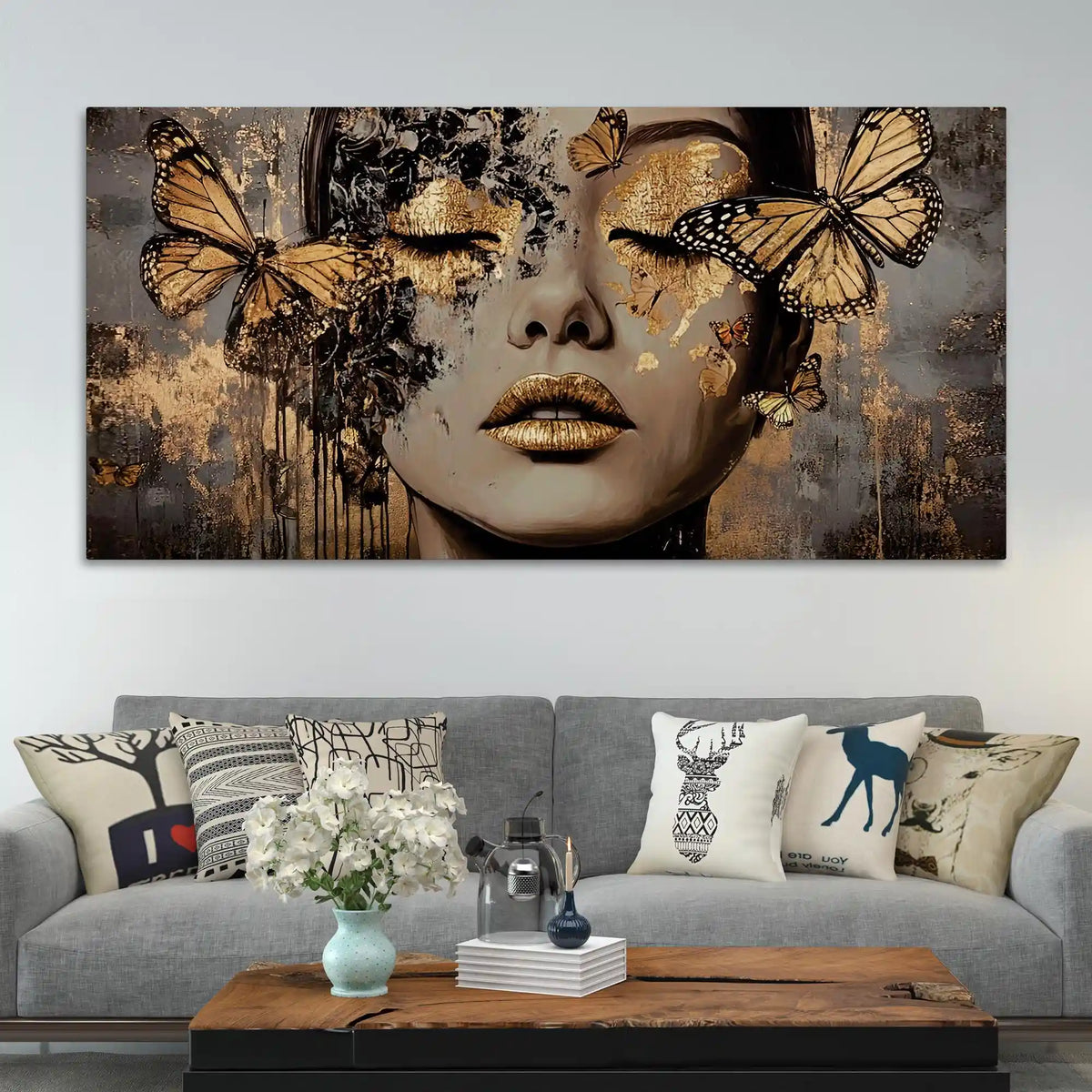 Abstract Woman Face Canvas Wall Painting with Butterflies Luxury Wall Art Home Decor