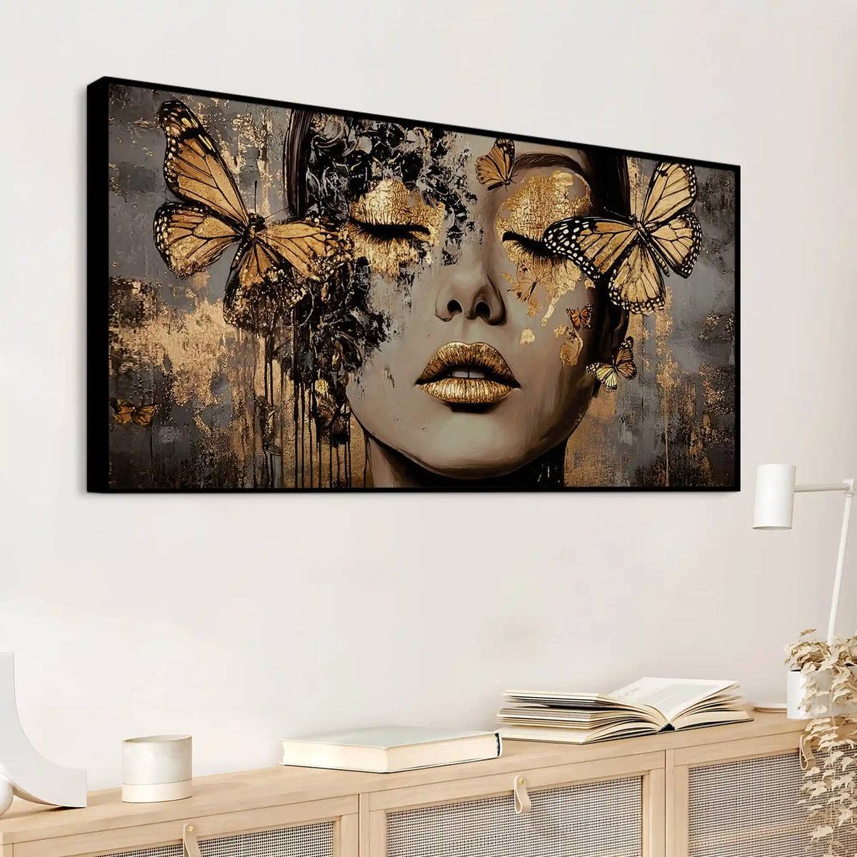 Abstract Woman Face Canvas Wall Painting with Butterflies Luxury Wall Art Home Decor