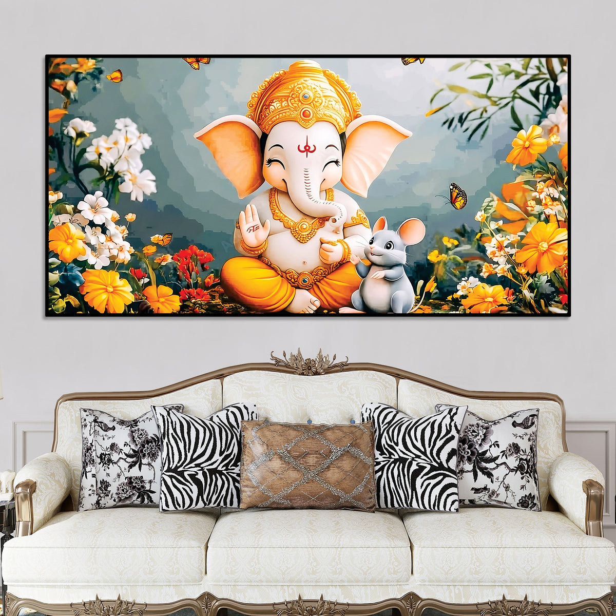 Adorable Bal Ganesha Sitted with Mooshak Giving Blessings Canvas Wall Painting for Home & Office – Spiritual Wall Art for Home Decor