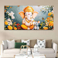 Adorable Bal Ganesha Sitted with Mooshak Giving Blessings Canvas Wall Painting for Home & Office – Spiritual Wall Art for Home Decor