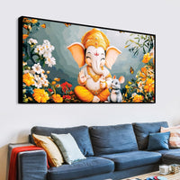Adorable Bal Ganesha Sitted with Mooshak Giving Blessings Canvas Wall Painting for Home & Office – Spiritual Wall Art for Home Decor
