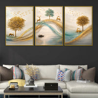 Adorable Deers Golden Forest River Scene Floating Frame Crystal Wall Painting Set of 3