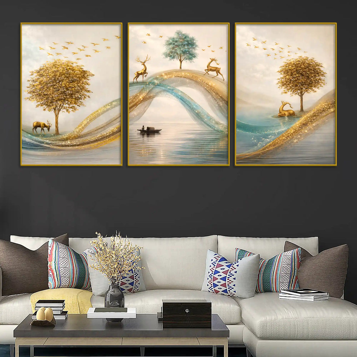 Adorable Deers Golden Forest River Scene Floating Frame Crystal Wall Painting Set of 3