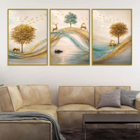 Adorable Deers Golden Forest River Scene Floating Frame Crystal Wall Painting Set of 3