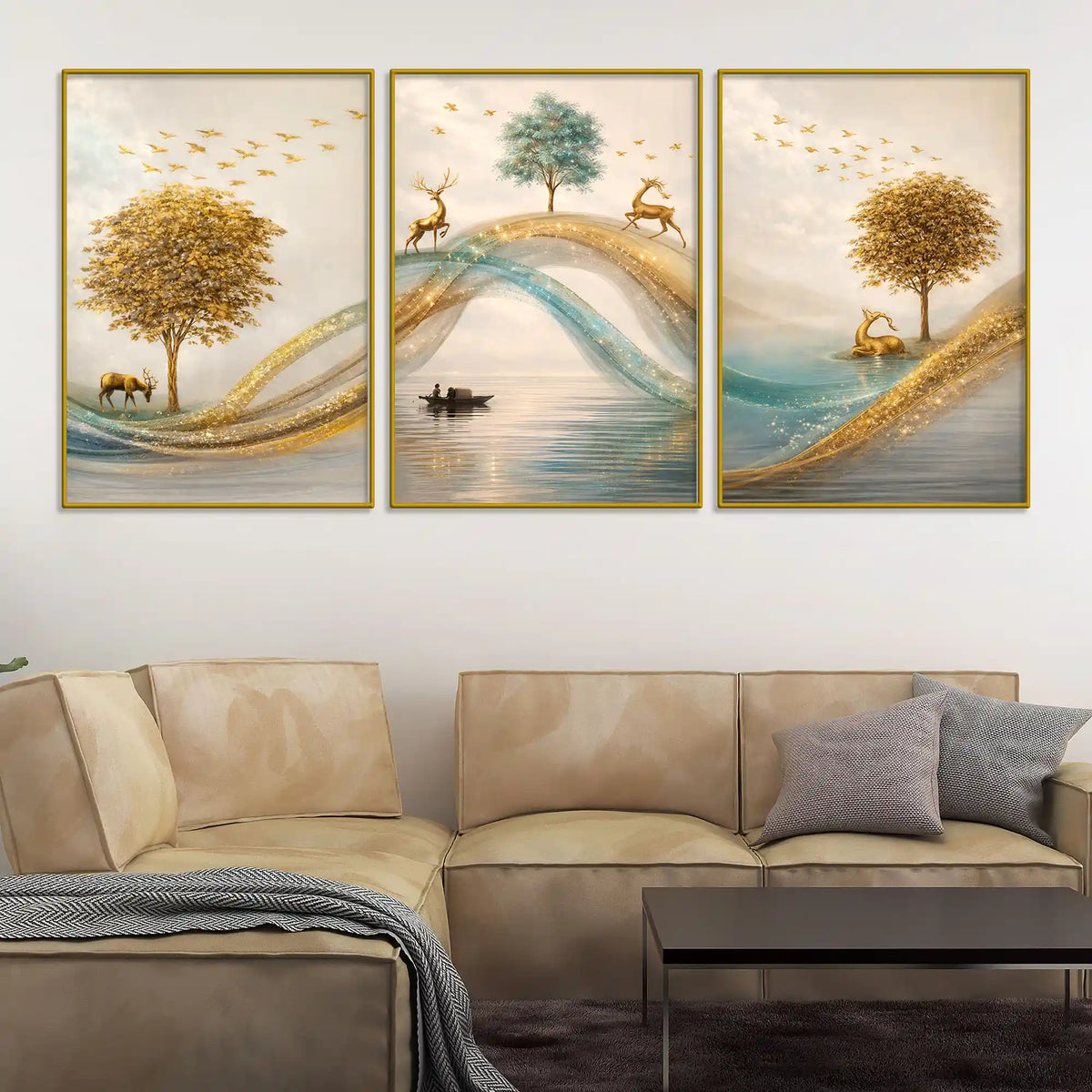 Adorable Deers Golden Forest River Scene Floating Frame Crystal Wall Painting Set of 3