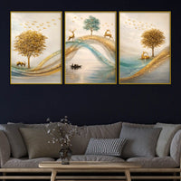 Adorable Deers Golden Forest River Scene Floating Frame Crystal Wall Painting Set of 3