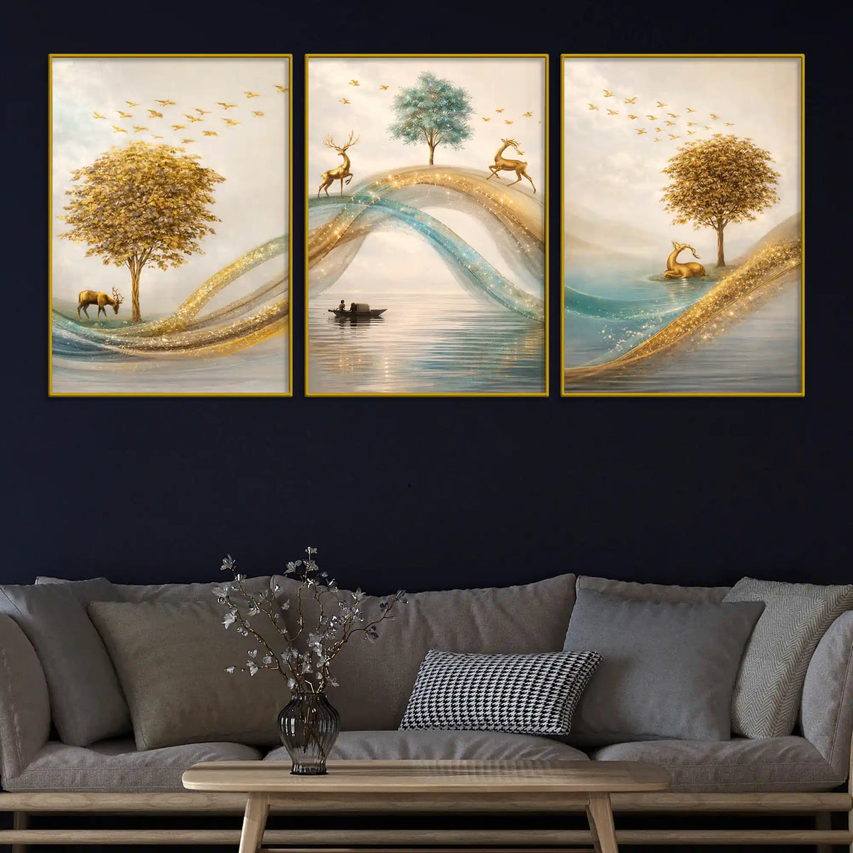 Adorable Deers Golden Forest River Scene Floating Frame Crystal Wall Painting Set of 3