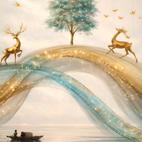 Adorable Deers Golden Forest River Scene Floating Frame Crystal Wall Painting Set of 3