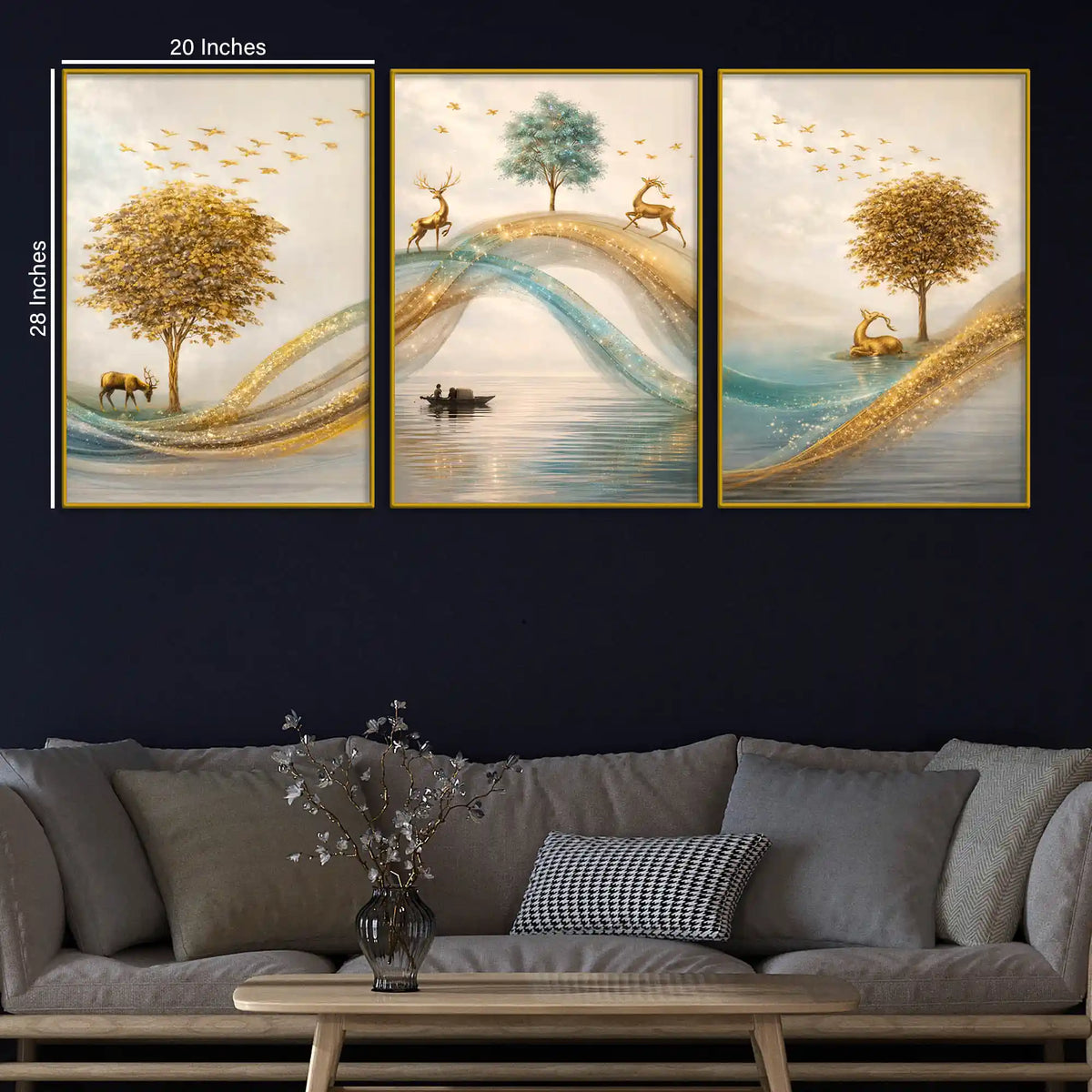 Adorable Deers Golden Forest River Scene Floating Frame Crystal Wall Painting Set of 3