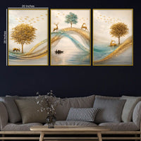 Adorable Deers Golden Forest River Scene Floating Frame Crystal Wall Painting Set of 3