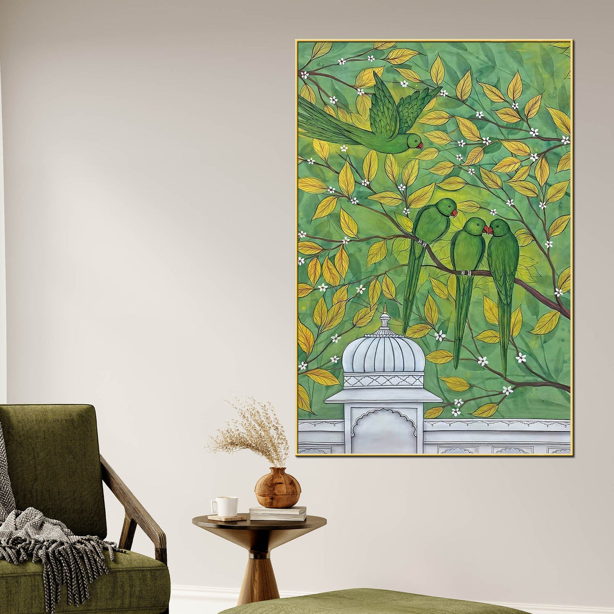 Adorable Green Parrots on Tree Branch Pichwai Style Canvas Wall Painting