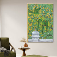 Adorable Green Parrots on Tree Branch Pichwai Style Canvas Wall Painting