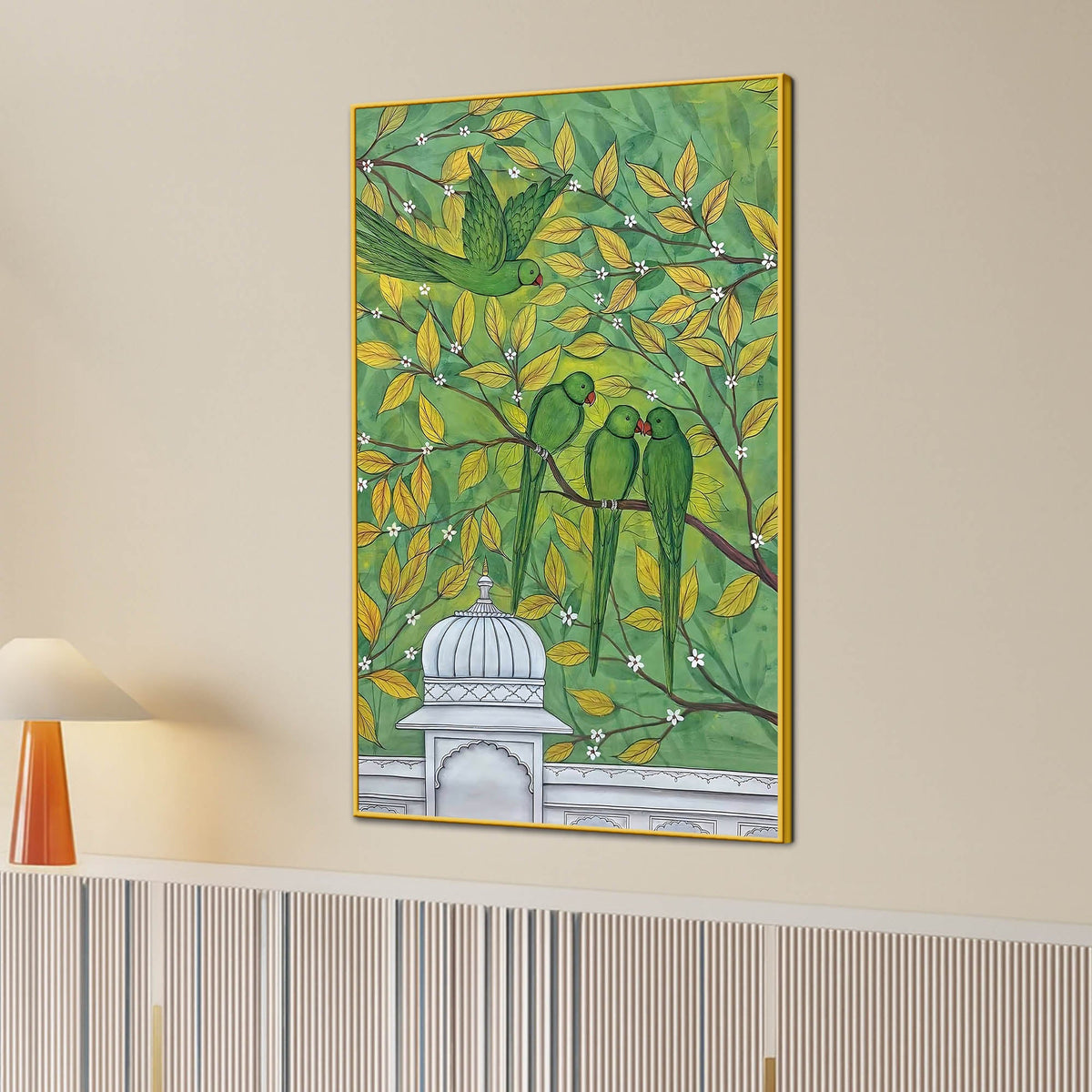 Adorable Green Parrots on Tree Branch Pichwai Style Canvas Wall Painting
