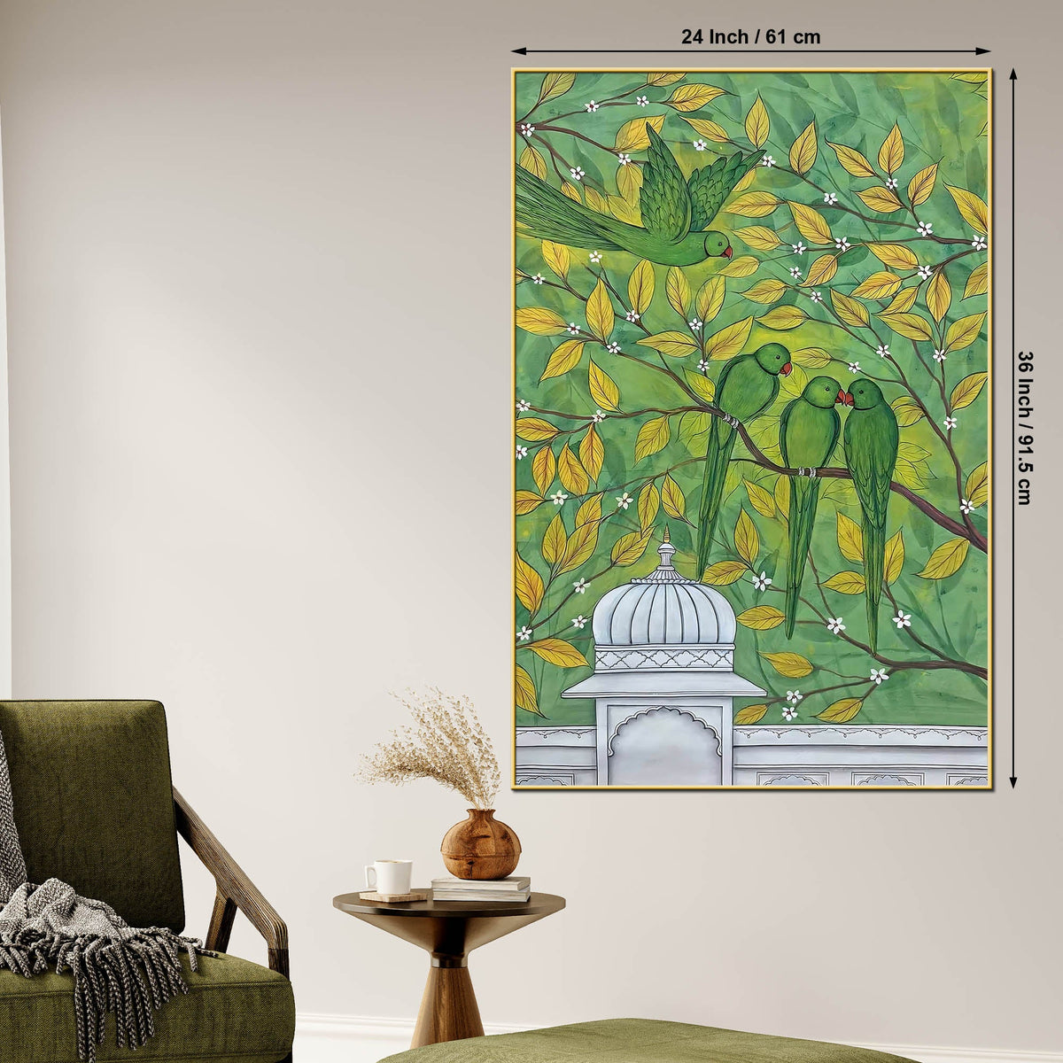 Adorable Green Parrots on Tree Branch Pichwai Style Canvas Wall Painting
