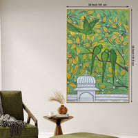 Adorable Green Parrots on Tree Branch Pichwai Style Canvas Wall Painting