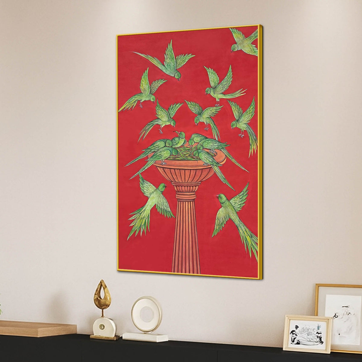 Adorable Parrots Eating Green Chillies Together Nature Inspired Canvas Wall Painting