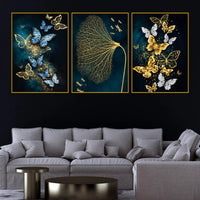 Aesthetic Blue & Gold Butterfly Floating Frame Crystal Wall Painting Set of 3