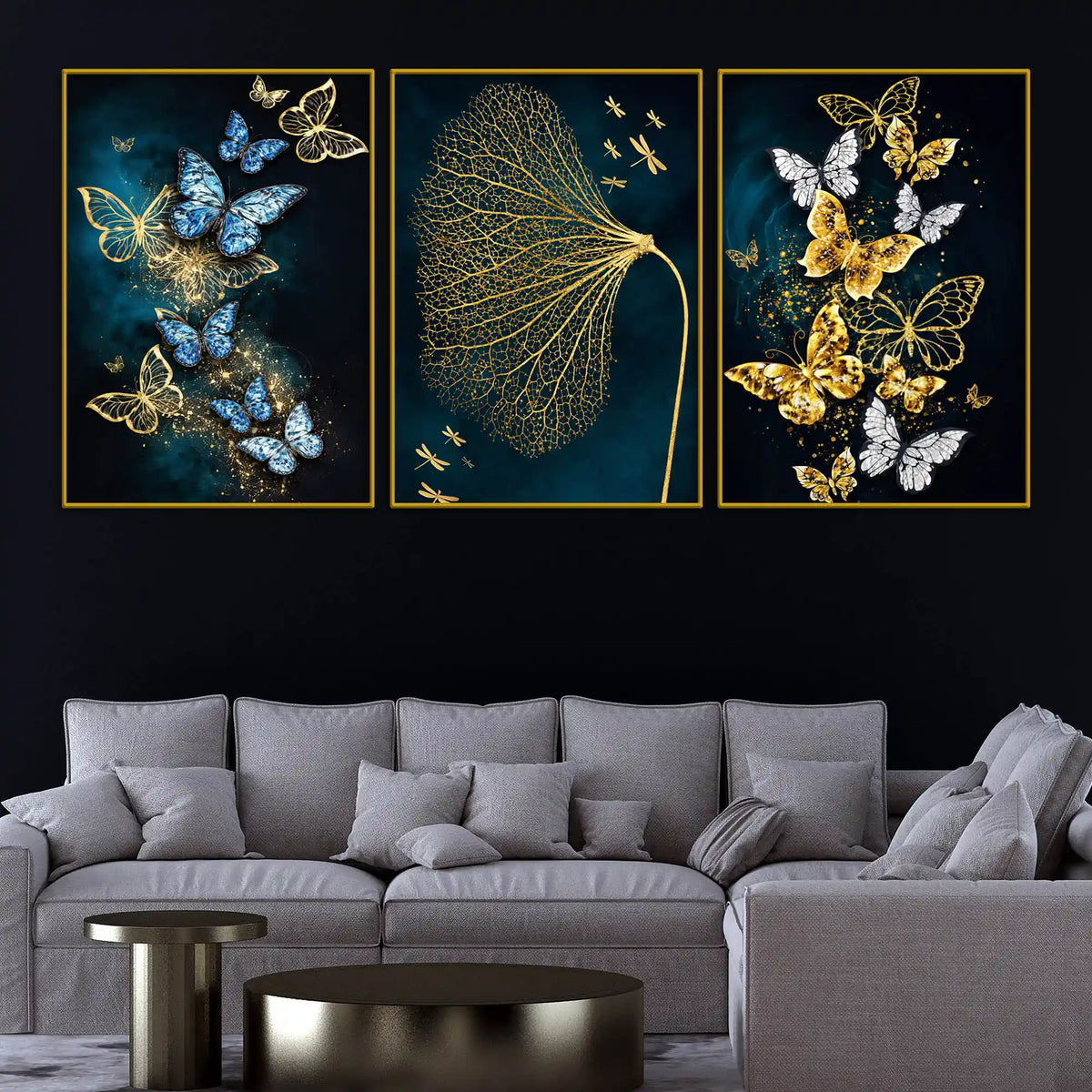 Aesthetic Blue & Gold Butterfly Floating Frame Crystal Wall Painting Set of 3