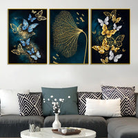 Aesthetic Blue & Gold Butterfly Floating Frame Crystal Wall Painting Set of 3