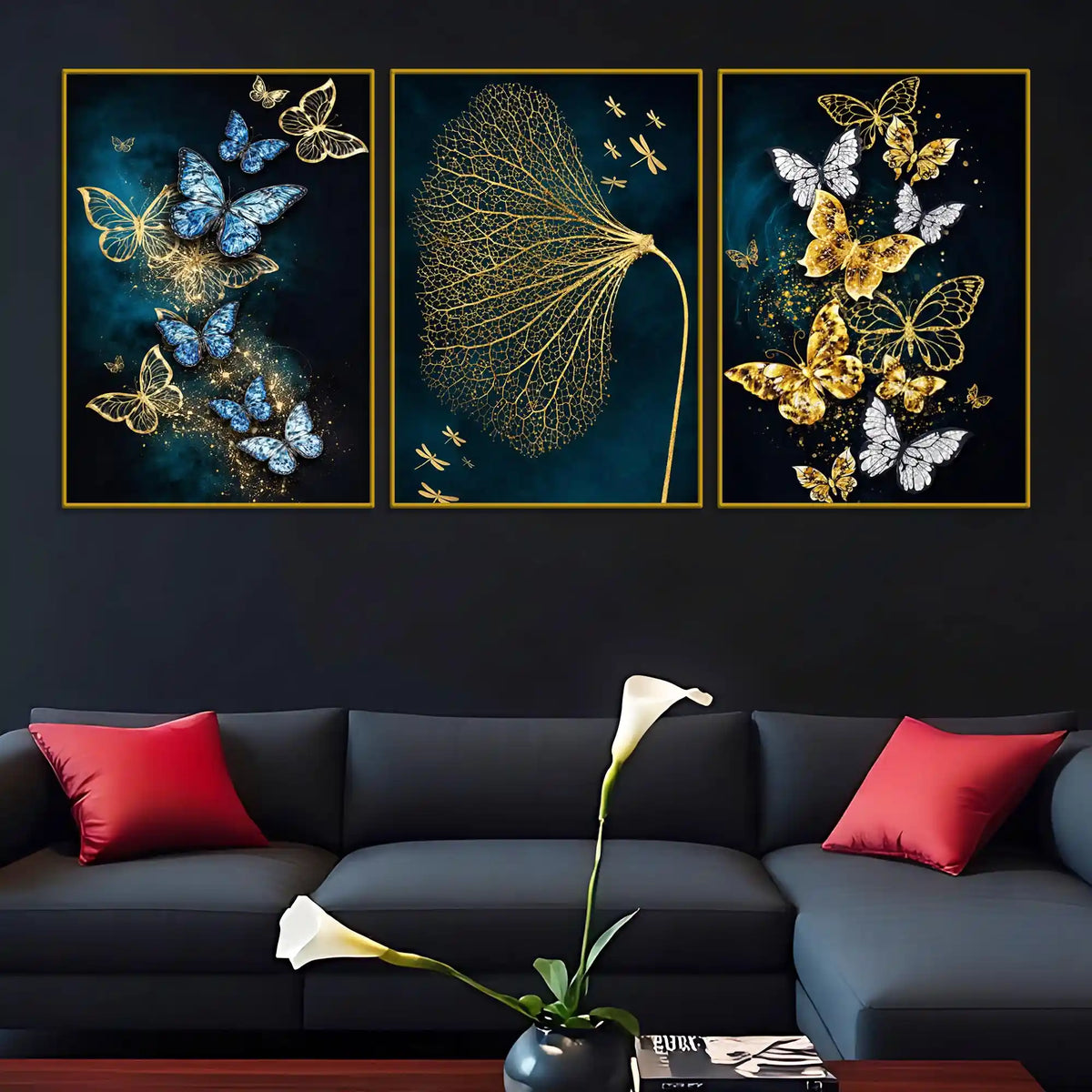 Aesthetic Blue & Gold Butterfly Floating Frame Crystal Wall Painting Set of 3