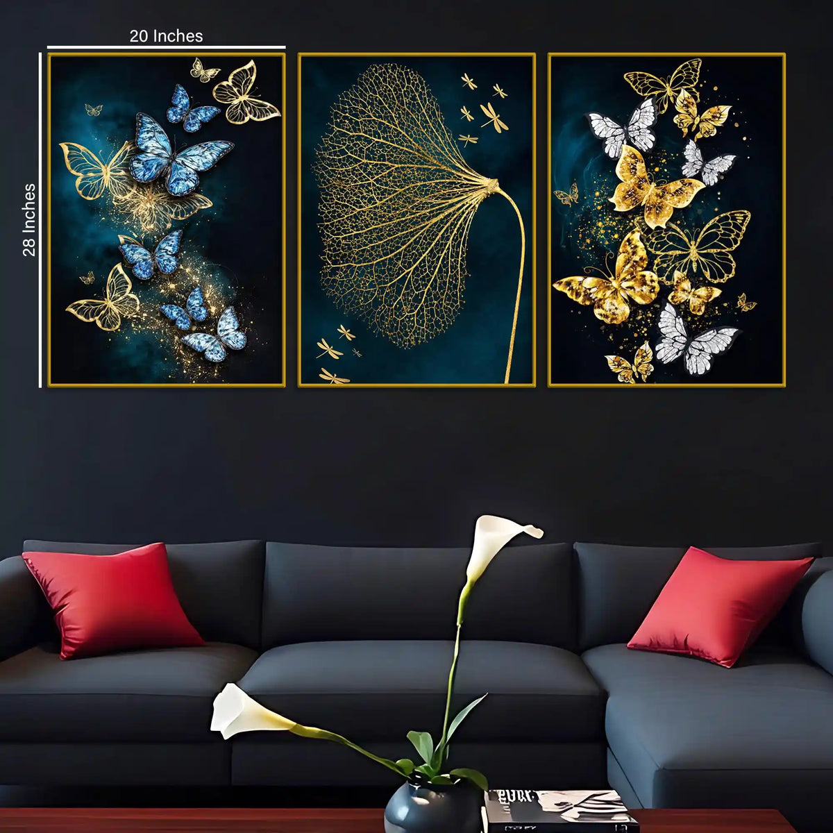 Aesthetic Blue & Gold Butterfly Floating Frame Crystal Wall Painting Set of 3