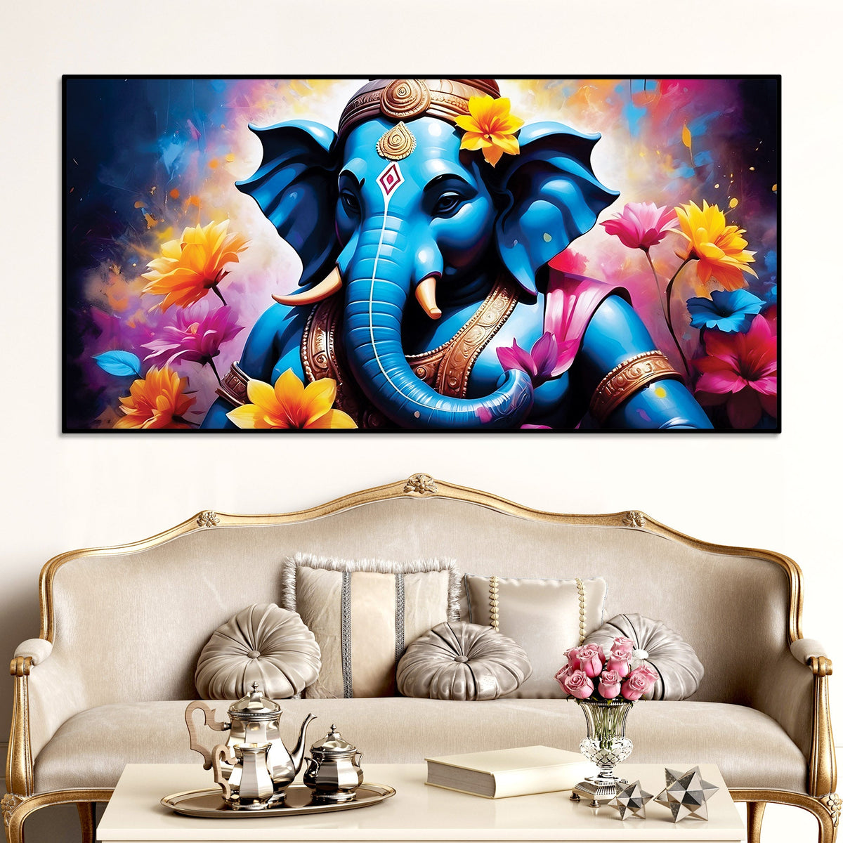 Aesthetic Blue Lord Ganesha with Floral Accents Canvas Wall Painting for Home & Office Decor – Modern Devotional Wall Art