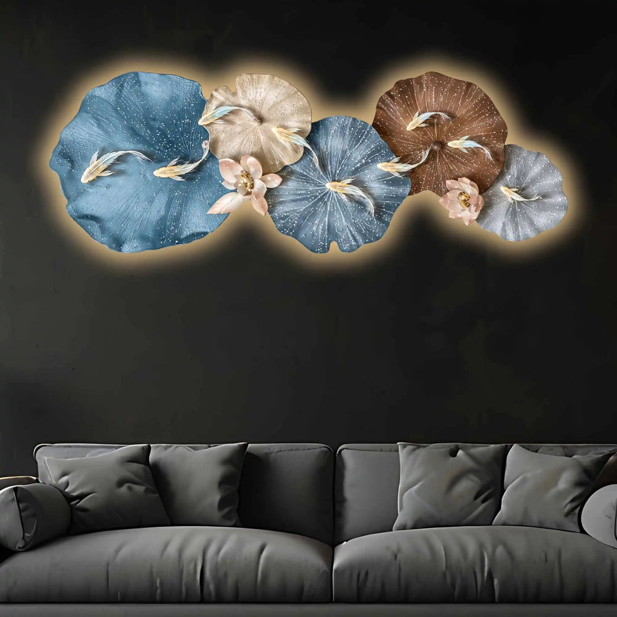 Aesthetic Golden Koi Lily Pads Crystal Glass Backlit LED Wall Art