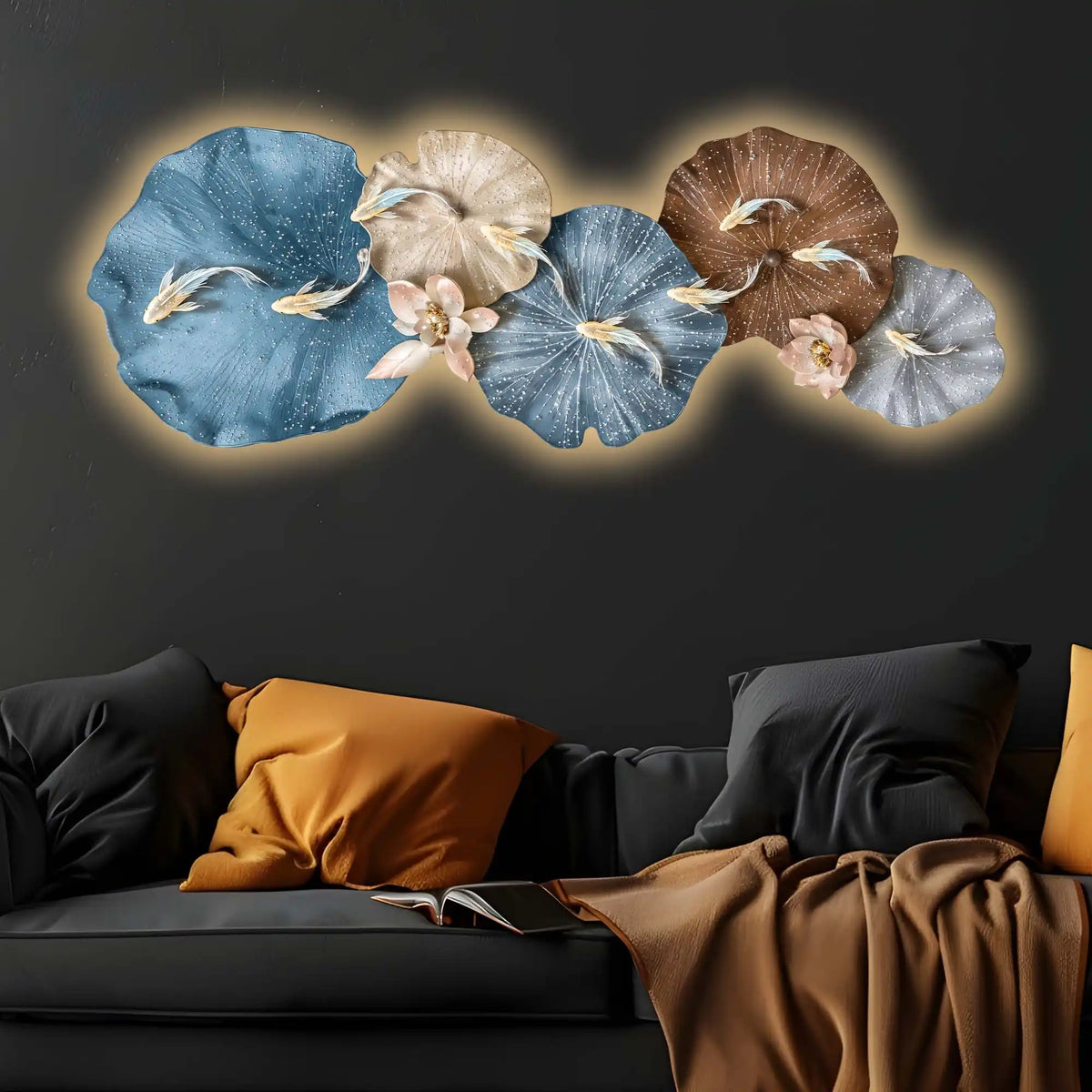 Aesthetic Golden Koi Lily Pads Crystal Glass Backlit LED Wall Art