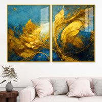 Aesthetic Golden Leaf Premium Abstract Acrylic Floating Wall Painting Set of 2