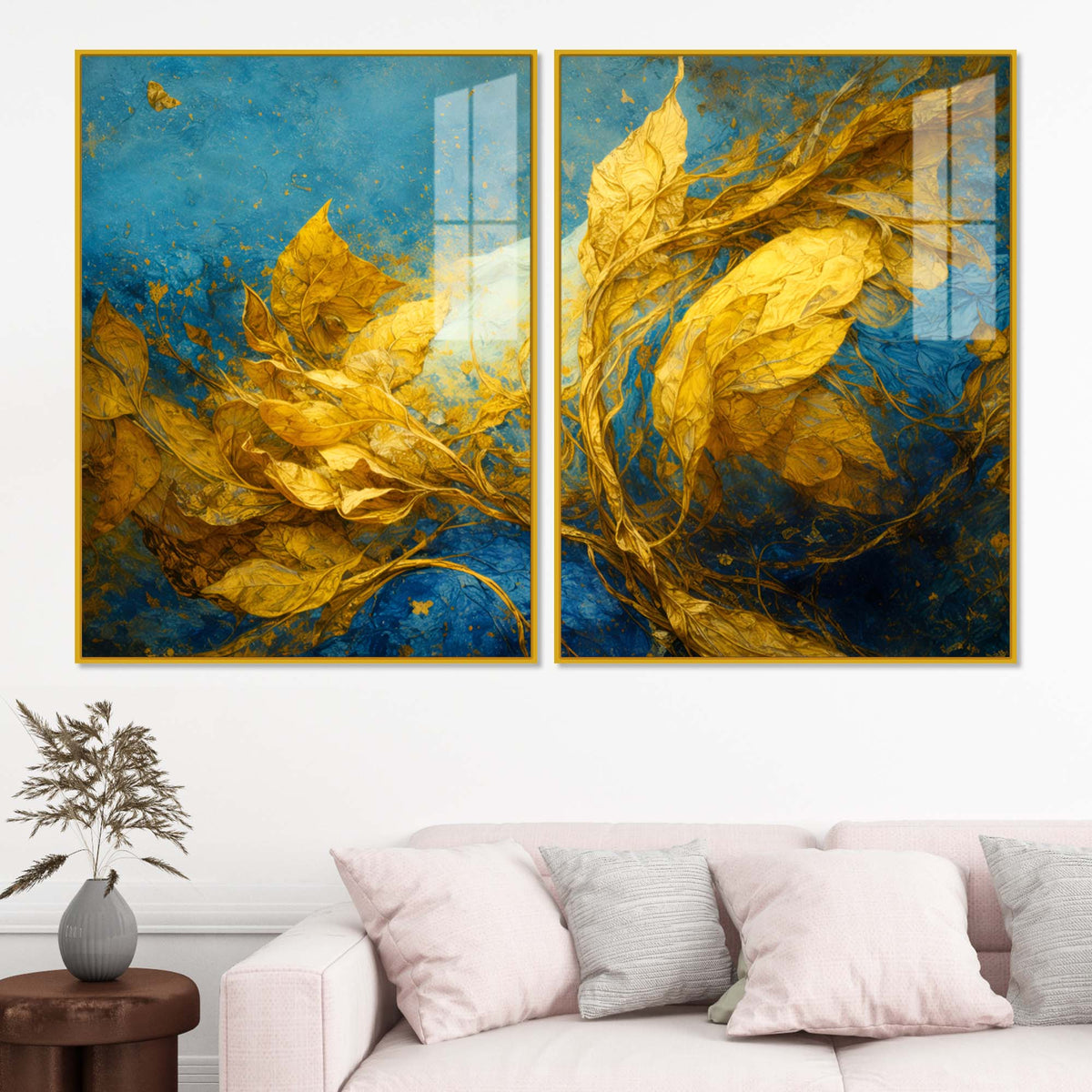 Aesthetic Golden Leaf Premium Abstract Acrylic Floating Wall Painting Set of 2