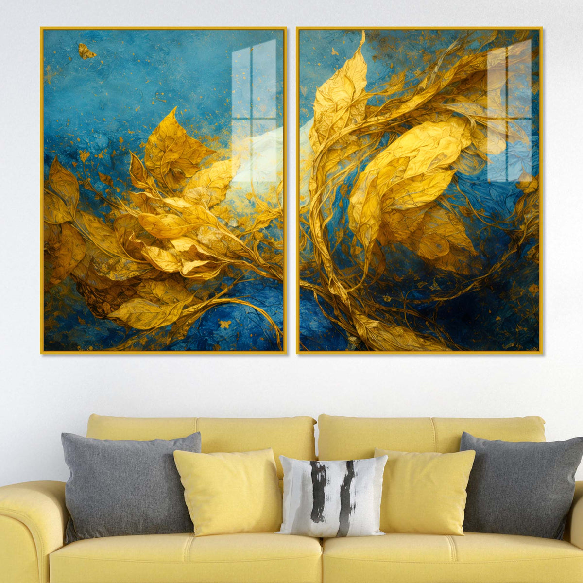 Aesthetic Golden Leaf Premium Abstract Acrylic Floating Wall Painting Set of 2