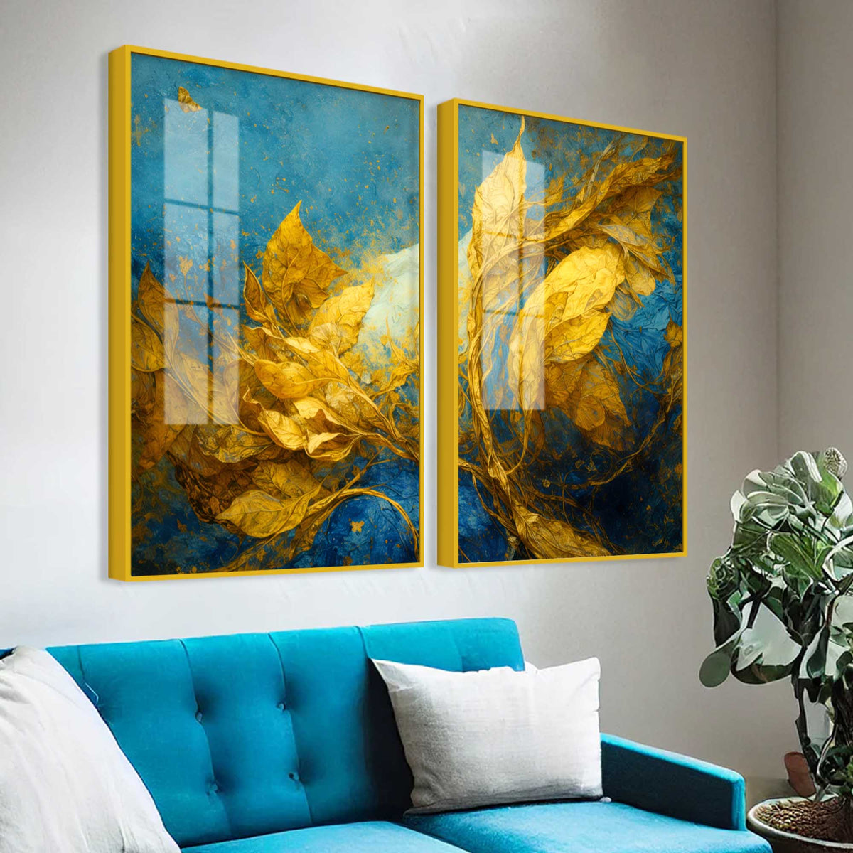 Aesthetic Golden Leaf Premium Abstract Acrylic Floating Wall Painting Set of 2