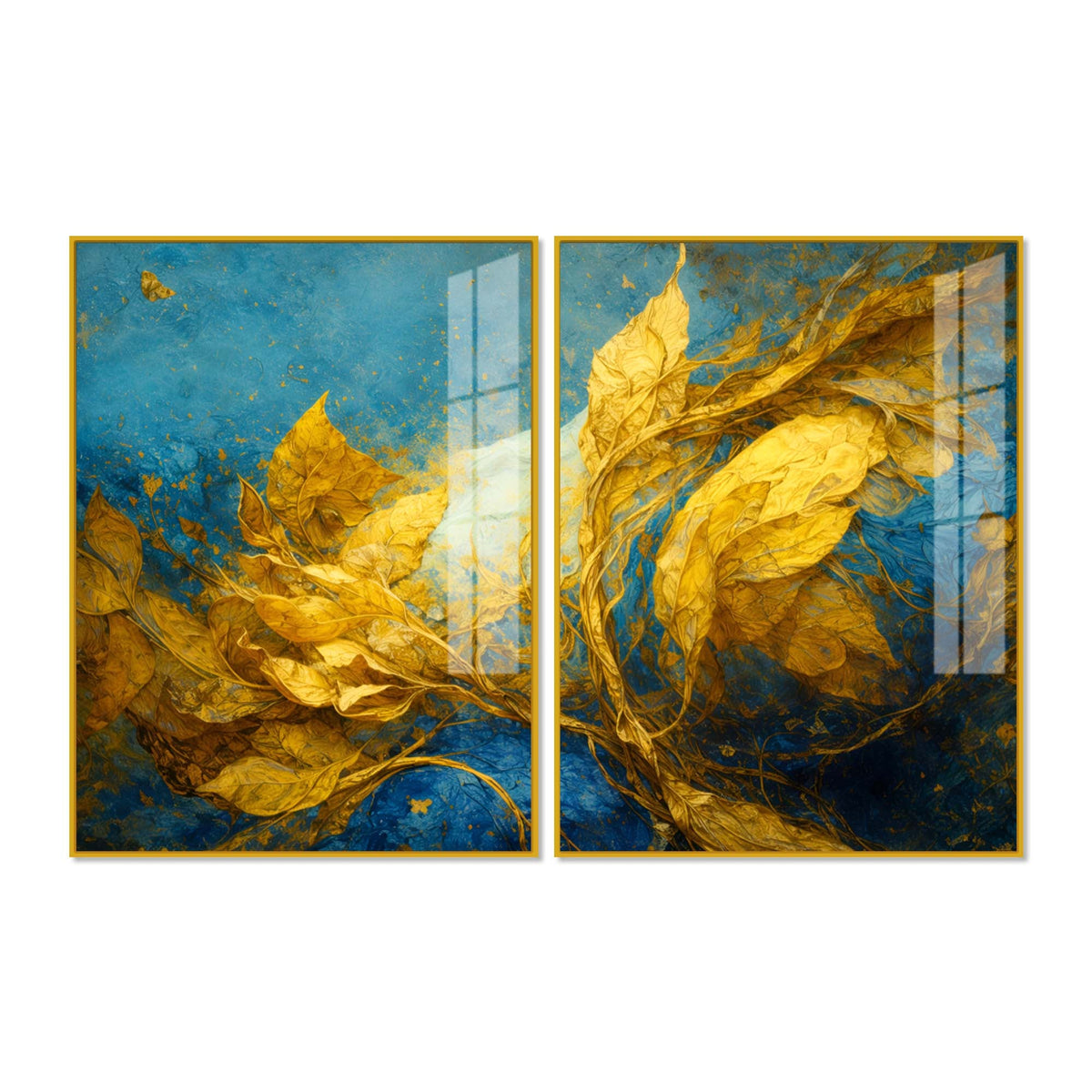 Aesthetic Golden Leaf Premium Abstract Acrylic Floating Wall Painting Set of 2