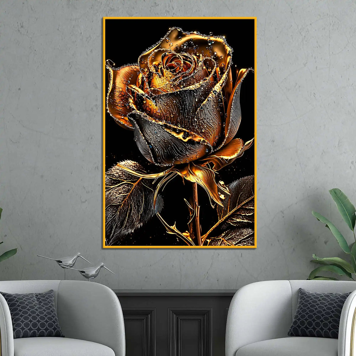 Aesthetic Golden Rose Floating Frame Crystal Wall Painting