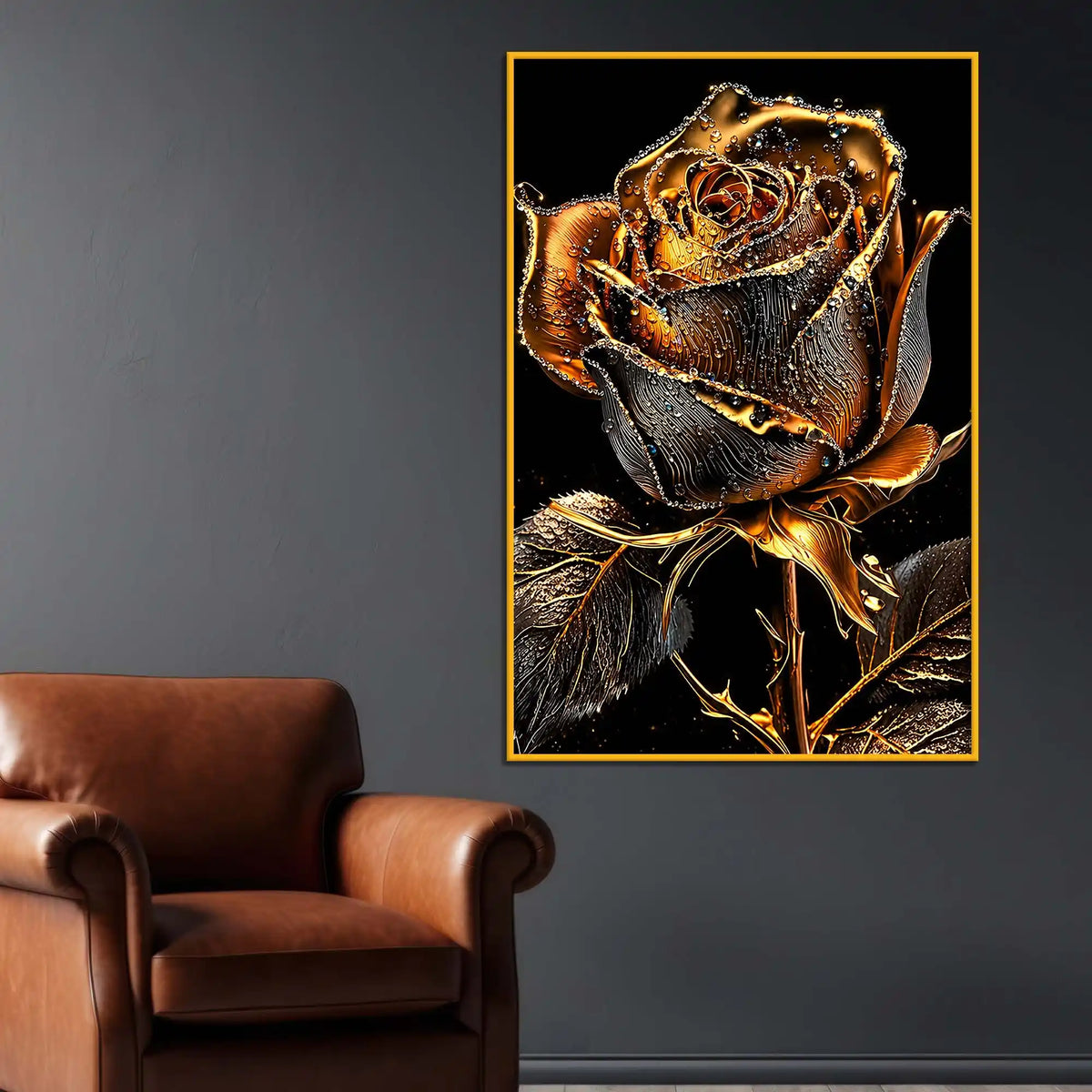 Aesthetic Golden Rose Floating Frame Crystal Wall Painting