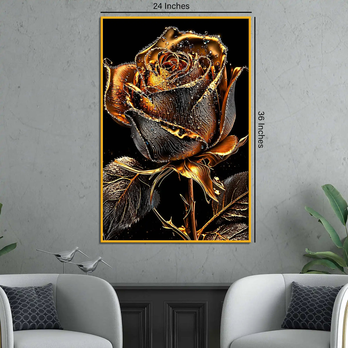 Aesthetic Golden Rose Floating Frame Crystal Wall Painting